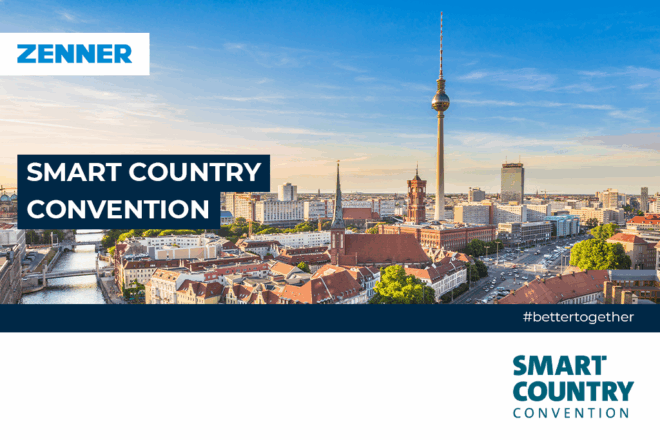 Save the Date Smart Country Convention: Berlin Skyline mit ZENNER Logo, Smart Country Convention Logo und Veranstaltungstitel