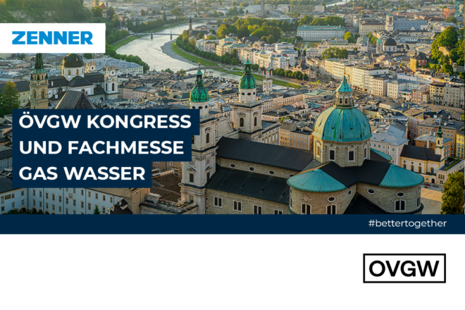 Panorama von Salzburg, ZENNER Logo und Eventankündigung OVGW Kongress und Fachmesse Gas Wasser